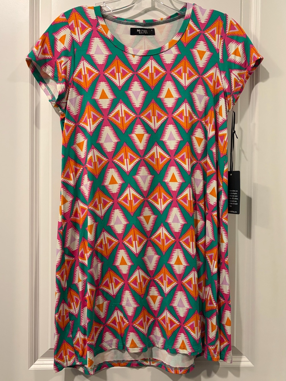 Michael Lauren Teal Pink Orange Geometric Shift Dress